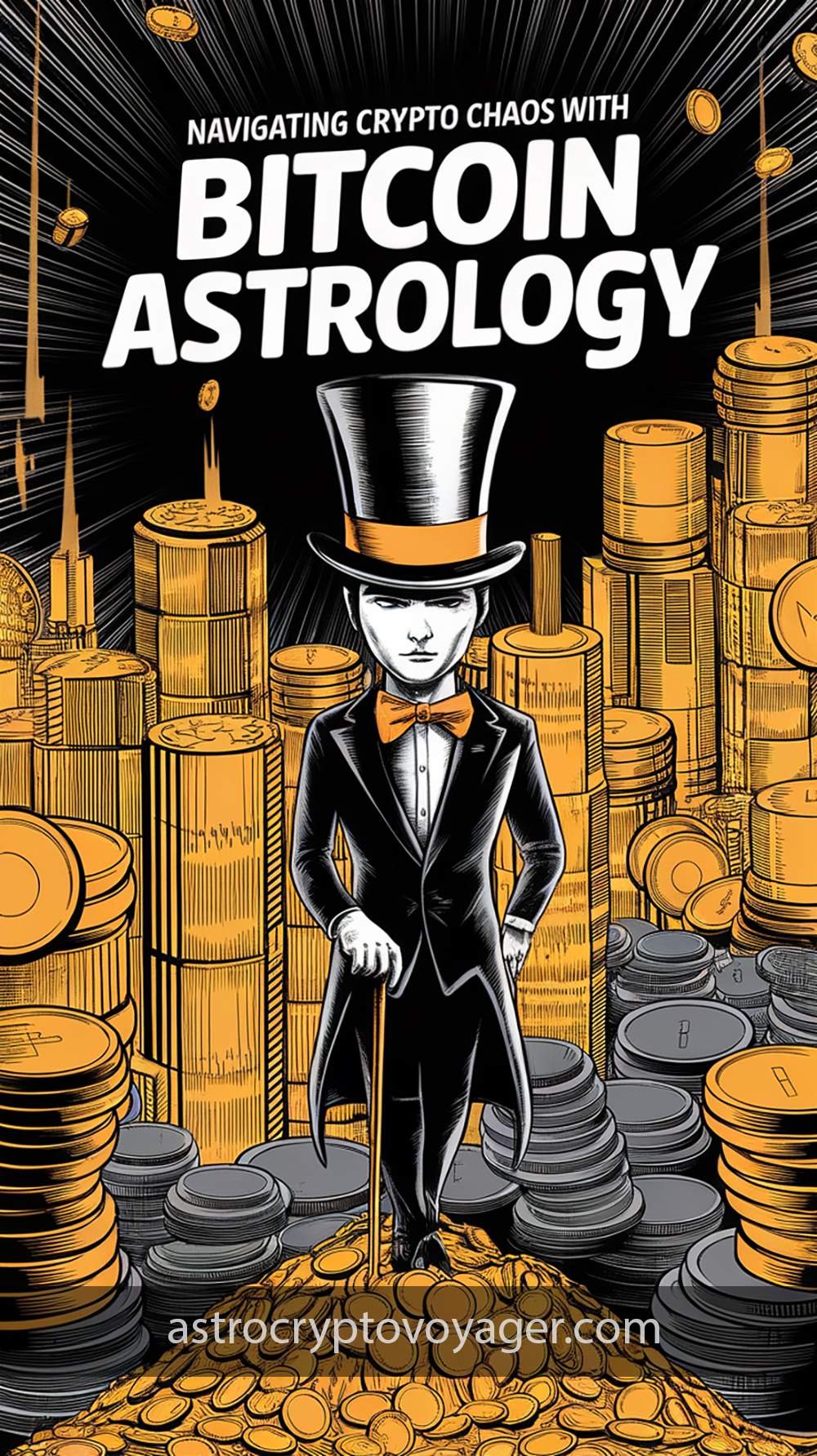 Comic book style, black and white with orange accents: Text on the image: "Navigating Crypto Chaos with Bitcoin Astrology."